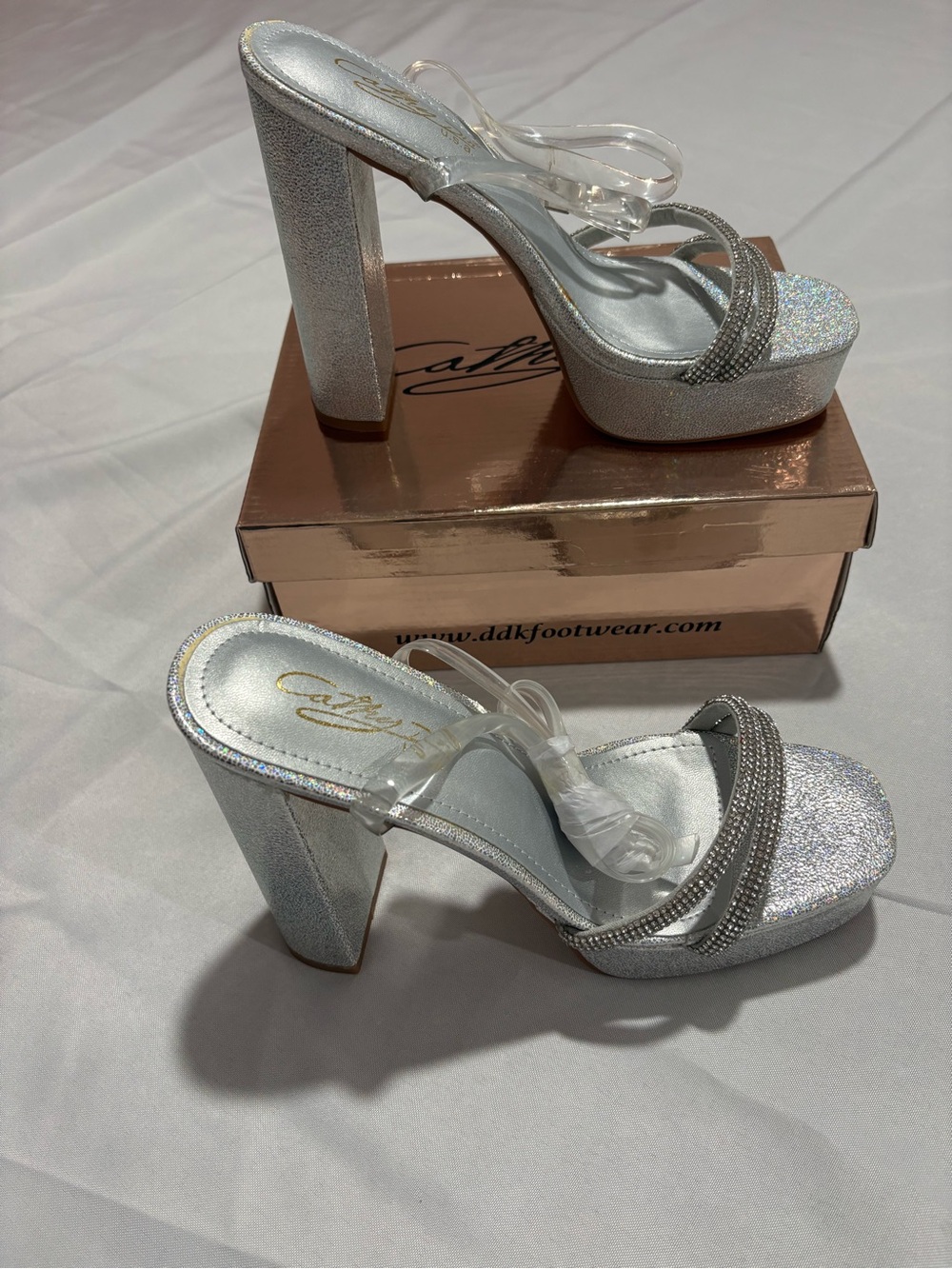 Sparkling Silver Platform Block Heel Sandals with Crystal Strap -